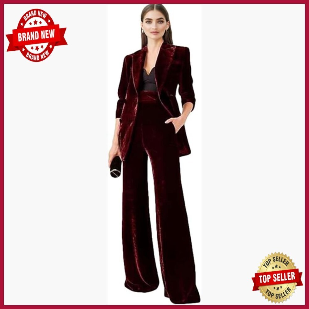 Velvet Pantsuit Double Breasted Blazer Formal Business Outfit Women